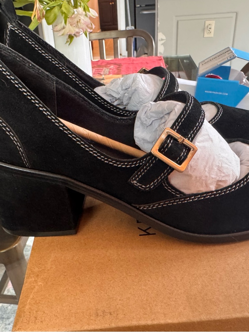 Kelsi Dagger Black Suede Mary Jane Heels with Gold Buckle